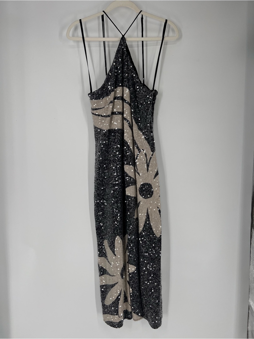 Farm Rio Black & White Floral Sequin Halter Resortwear Strappy Midi Dress XL